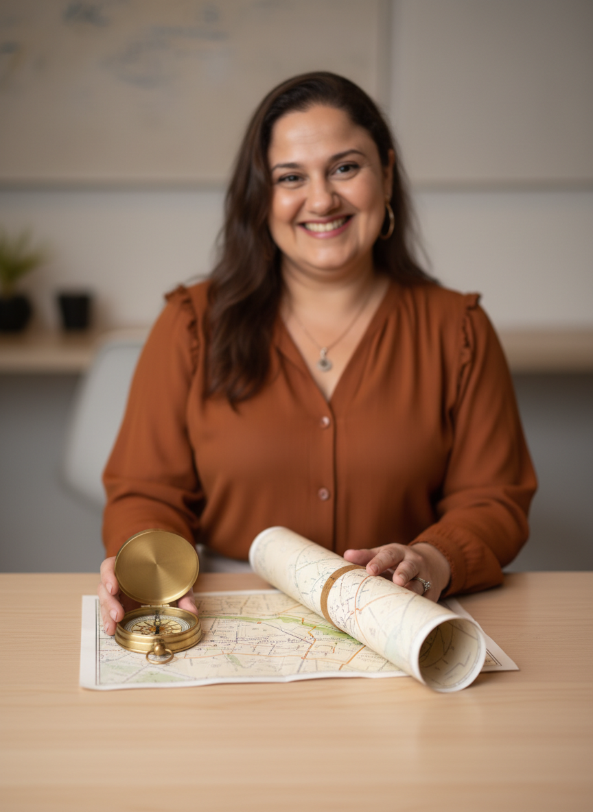 Andressa Conholato com bússola e mapa, simbolizando direção